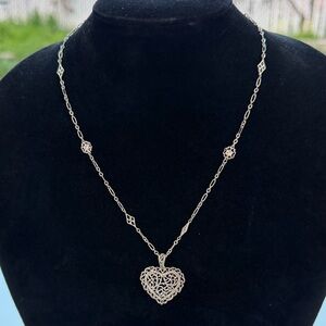 Bolivia Silver Filigree Ornate Heart Pendant and Dainty 17” - 19” Chain Necklace